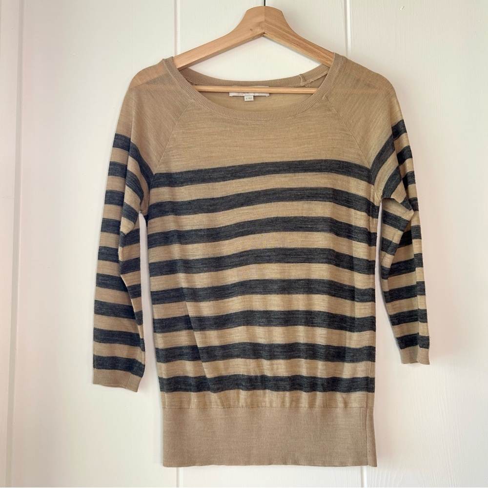 LOFT Lightweight Tan and Black Striped Merino Wool Sweater size Medium